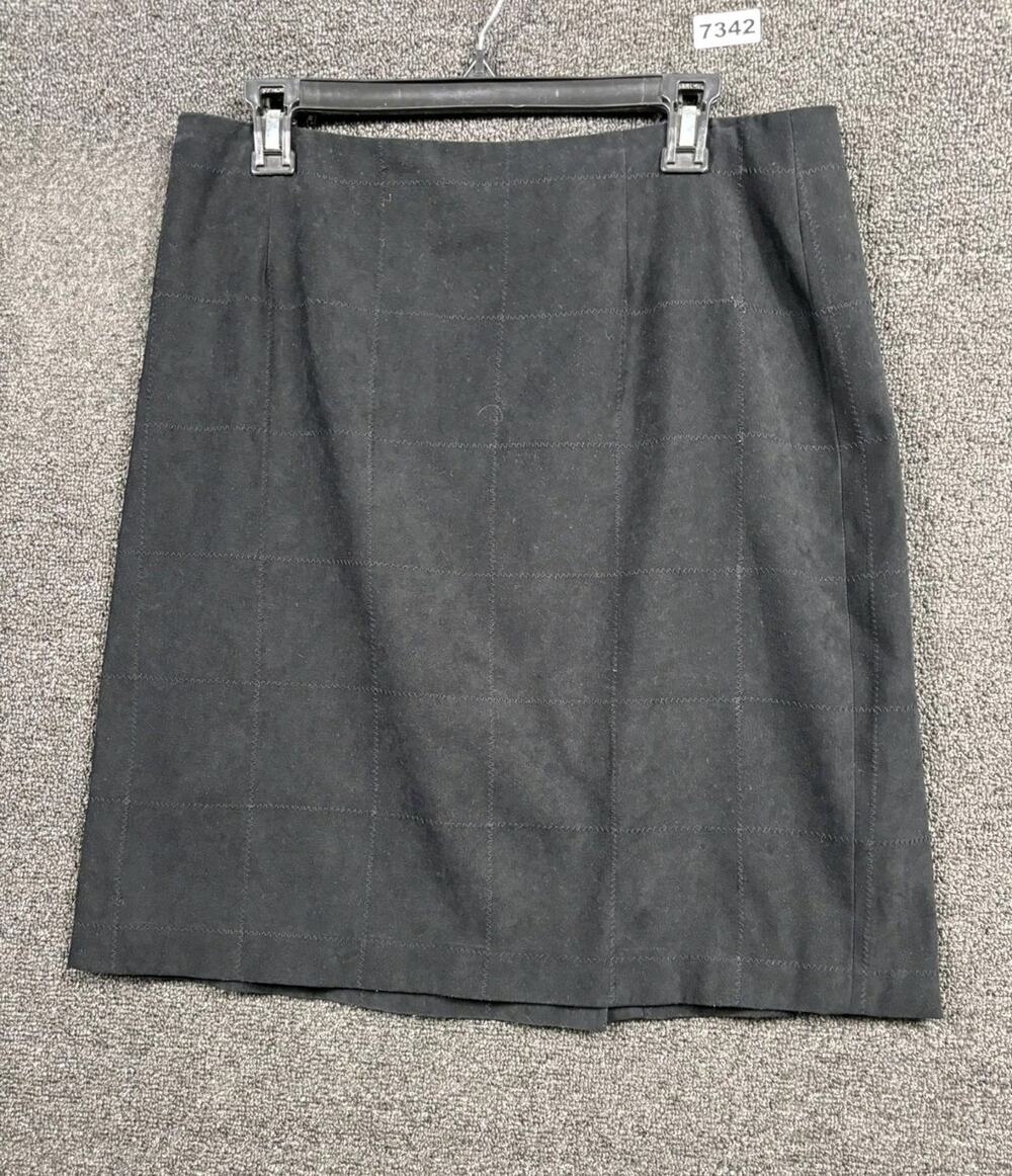 Talbots Faux Suede Pencil Skirt Womens Sz 14 Black Plaid Back Zip Casual Career